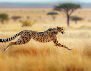 a cheetah sprinting across the African plains, its spots blending with the golden grass