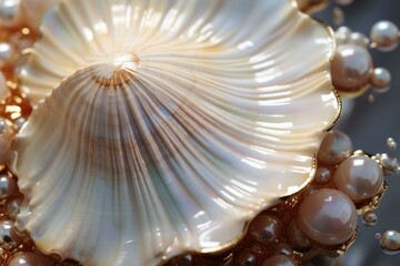 Sea pearl shell closeup. Travel paradise. Generate Ai