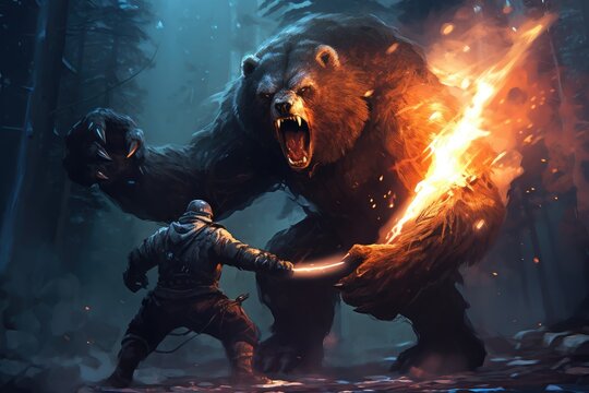 man with a flamethrower fighting with a demon bear