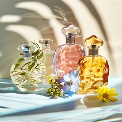 Sunlit collection of summer fragrance bottles light an airy scents - obrazy, fototapety, plakaty
