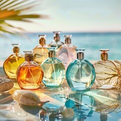 Obraz na płótnie Canvas Sunlit collection of summer fragrance bottles light an airy scents