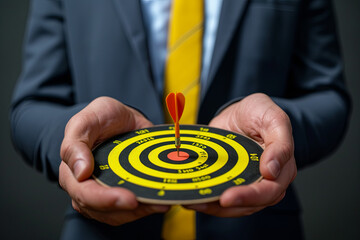 Aiming for Success: A Businessman Holding a Target, Emphasizing Objectives in Business Investment
