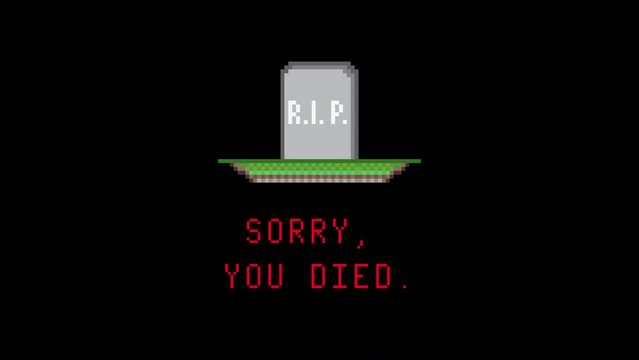 Humorous pixel art animation: a tombstone plummeting from the sky onto a grave (a mound of dirt and grass), bearing the message: Sorry, you died.