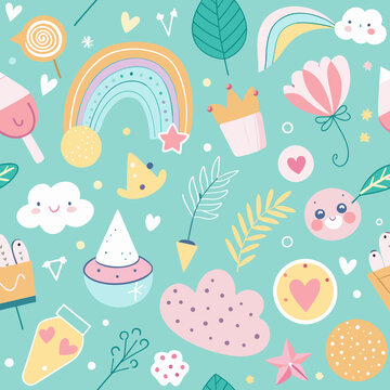 Easter-themed Seamless Patterns Featuring Birds, Animals, and Cake in Vector Illustrations for Birthday, Baby, or Party Designs with Cartoon Flowers, Pink Hearts, and Candy