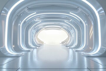 Obraz premium Empty white space, neon lights, Futuristic, modern interior, future room style or spaceship, sci-fi, hi-tech, background, 3D rendering.