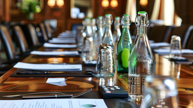 Conference table with glasses and bottles of water, close-up