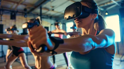 Fotobehang VR fitness challenge iniviuals pushing limits in a gamifie workout session © Seksan