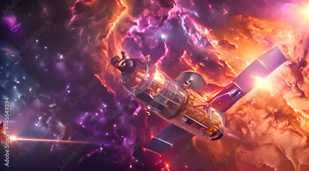 Wall mural spacecraft orbiting a colorful nebula with ai generated.