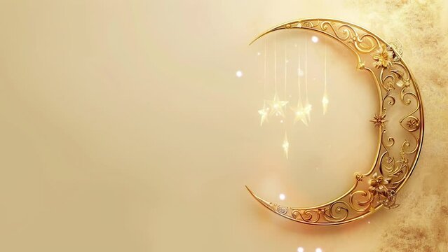 ramadan eid mubarak with crescent moon with islamic ornament and stars with glitter in isolated background