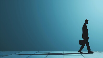 Silhouette of a businessman walking on a blue background with copy space