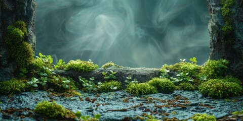 Green Background with Natural Frame with Mossed Lichen in the Style of Miniature Sculptures - Composition Landscape Illustration Graphic Rock Inspired Nature created with Generative AI Technology