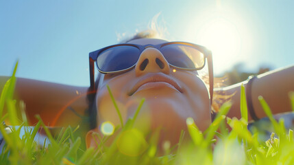 Summer Serenity, Close-up of a Person Lying on the Grass, Sky Reflection in Sunglasses, Sunlit Peaceful Moment, Warm Sun Flare, Relaxed Outdoor Lifestyle, Connecting with Nature, Restful Leisure Time