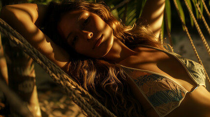 Peaceful Relaxation in Nature, Close-up of a Woman Resting in a Hammock, Sunlight Filtering through Leaves, Serene Afternoon Nap, Outdoor Leisure, Mindfulness and Serenity Concept, Golden Hour