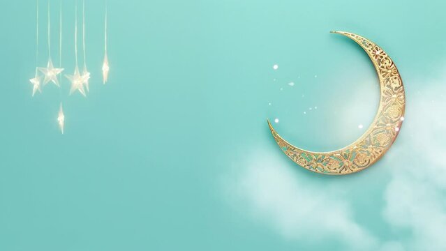 ramadan eid mubarak with crescent moon with islamic ornament and stars with glitter in isolated background