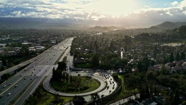 Clever design road network roundabout and highway freeway system aerial