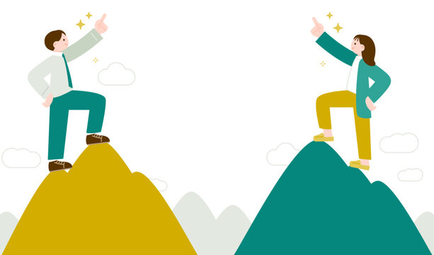 山の頂上で誇らしげに指を差す男女のビジネスマンのイラスト素材