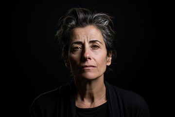 Portrait of a sad middle aged woman looking at camera on black background - obrazy, fototapety, plakaty