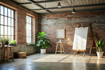 Art studio with exposed brick walls with blank canvas on easel