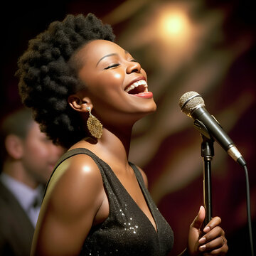 African American jazz singer with microphone
