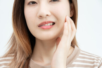 Asian woman feel toothache from gingivitis, female suffer tooth, decay problems, dental care....