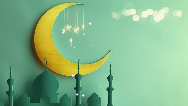 ramadan eid mubarak with golden crescent moon with paper mosque in isolated background