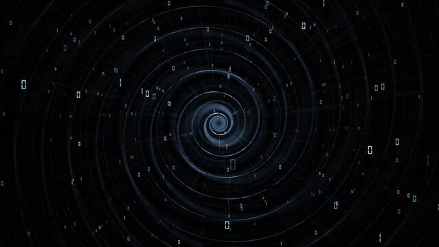 Abstract loop blurred digital spiral with binary numbers animation background.