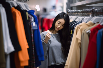a young asian woman is choosing clothes in the mall