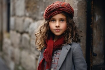 Portrait of a beautiful girl in a red scarf and coat.