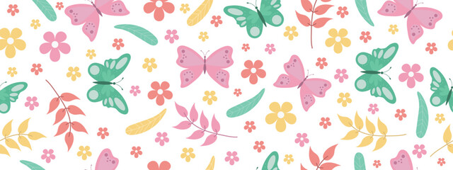 Seamless cute pattern with butterflies and flowers in pastel colors.