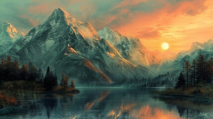 Generate an image of a majestic mountain range with a tranquil lake below, bathed in the warm glow of a sunset, showcasing the beauty of emerald and brown tones - obrazy, fototapety, plakaty