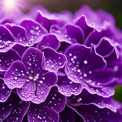 a cinematic close up of a vibrant purple hydrangea flower with morning dew drops on the petals back