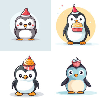 Penguin (Penguin with Cupcake). simple minimalist isolated in white background vector illustration