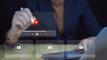 business woman using mouse and keyboard for streaming online, watching video on internet, live...