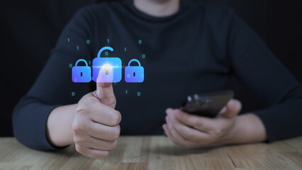 Cyber Protection Data Security Internet Privacy, Internet and technology concept on virtual screen. Man touching on lock icon.