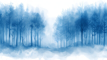Fototapeta na wymiar Watercolor winter snow forest and blue background, generative ai