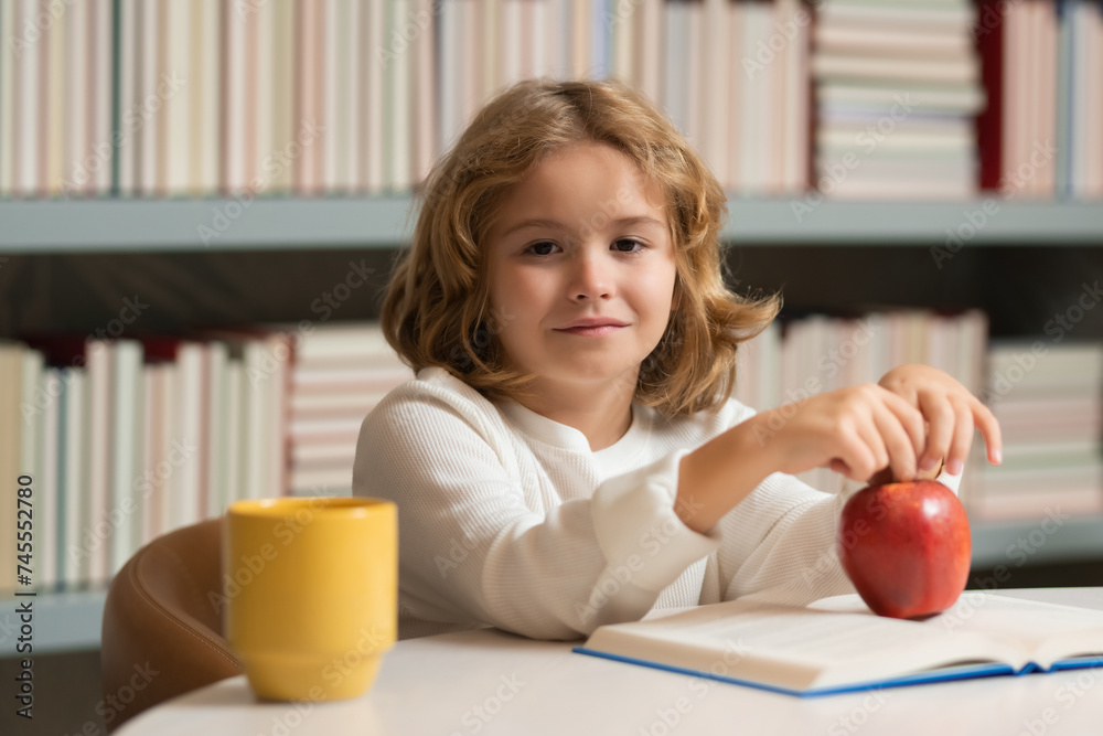 Poster pupil read book. school kid pupil studying in school library. child reading book in library on books