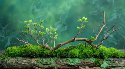 Moss and Sticks on the Green Background in the Style of Miniature Dioramas -  Earth Tone Colors Palette Nature's Wonder with Smokey Background created with Generative AI Technology