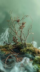 Moss and Sticks on the Green Background in the Style of Miniature Dioramas -  Earth Tone Colors Palette Nature's Wonder with Smokey Background created with Generative AI Technology