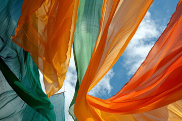 St. Patrick's Day concept: Generate an image of large Irish pride flags waving in the wind, using a high-speed shutter to freeze the motion and capture the vibrant colors.