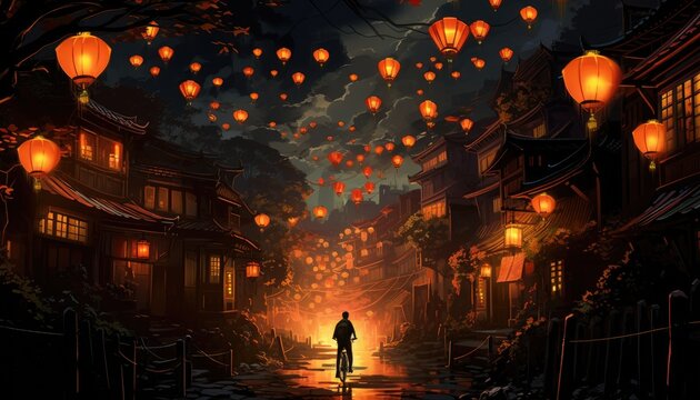 Man on bicycle in a land full of lanterns hd wallpaper