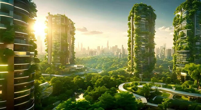 future city green and sunset, futuristic city with green nature, cityscape buildings skyscrapers urban eco-friendly