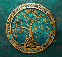 Irish Celtic tree of life illustration with golden yellow and green colours. Metallic and wooden effect on circle, round design. Template of celebration, greeting card for St. Patrick's Day.