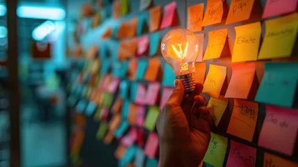 Foto op Canvas creative brainstorming business idea of glowing light bulb in hand with sticky note on brainstorming board. © ANEK