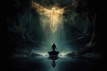 man on boat facing a legendary angel in the dark forest hd wallpaper - obrazy, fototapety, plakaty