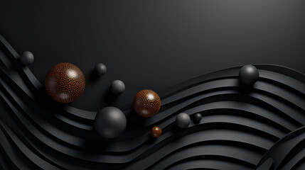 Abstract composition of matte black spheres and reflective golden orbs arranged on dark curved layers with a gradient light.
