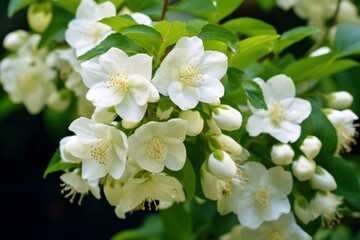 Fragrant Philadelphia jasmine flowers. White blooming botanical floral fragrant plant. Generate ai