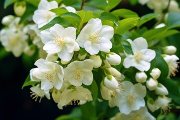 Fototapeta premium Fragrant Philadelphia jasmine flowers. White blooming botanical floral fragrant plant. Generate ai