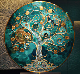 Irish Celtic tree of life illustration with golden yellow and green colours. Metallic and wooden effect on circle, round design. Template of celebration, greeting card for St. Patrick's Day.