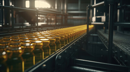Bottled vegetable oil on conveyor automated machine being produced - obrazy, fototapety, plakaty