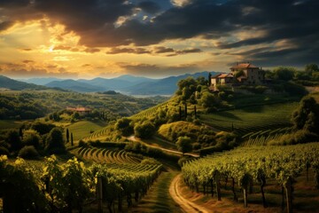 Verdant Vineyard landscape. Italy winery country. Generate Ai